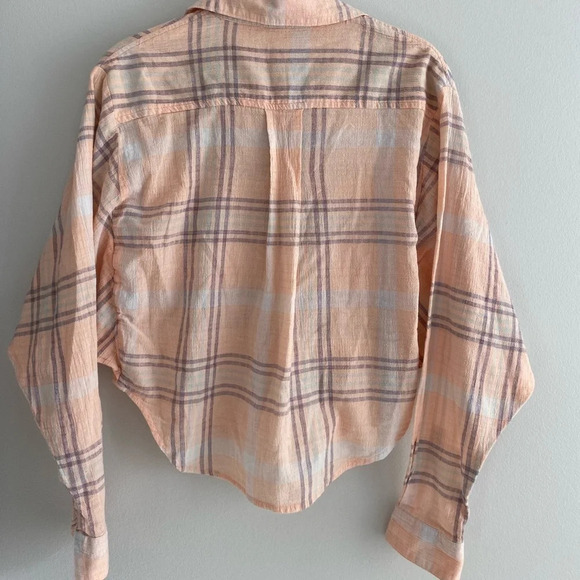 FREE  People Peach purple white Cropped Boxy Fit Wide Sleeve Flannel Shirt S - Picture 3 of 11